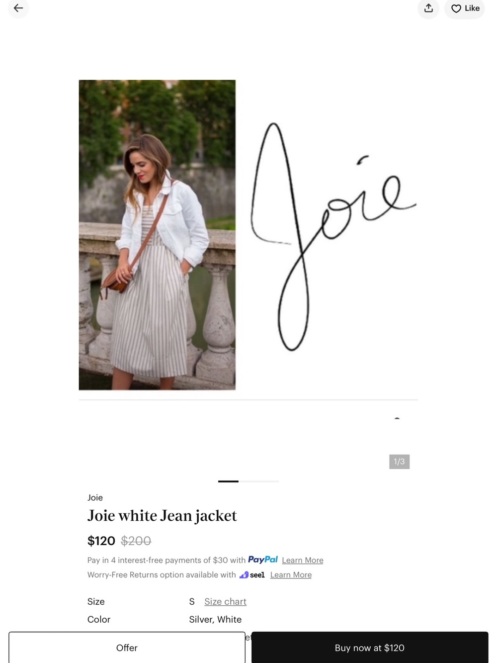Joie White Lightweight Jean Jacket like new has dirt smudge back large NWOT